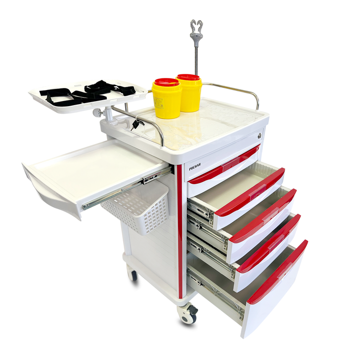 ET-03 - Medical Crash Cart with Emergency Accessory - Cardiac Board, IV Pole, O2 Holder, Power Strip, Trash Bin, Drawers with Dividers - Mobile Emergency Cart for Hospitals and Clinics