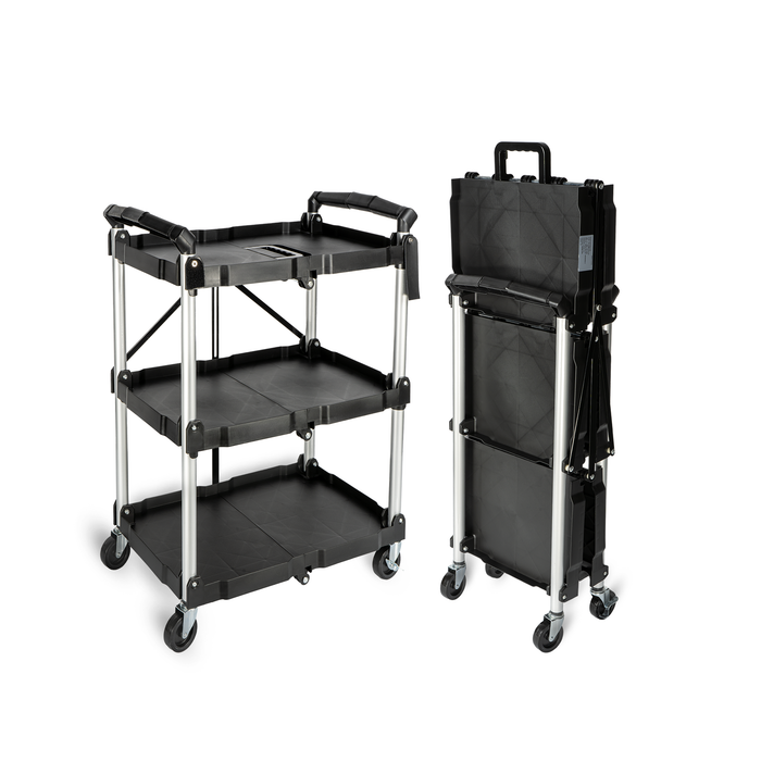 U3-H - No Assembly Folding Service Cart Tool Carts with Wheels,3 Tier Utility Rolling Cart,Collapsible Storage Cart, Holds 220lbs Plastic Push Cart for Home Garage Restaurant Office Kitchen Warehouse