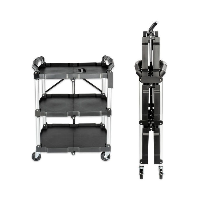 U3 - No Assembly Folding Service Cart Tool Carts with Wheels,3 Tier Utility Rolling Cart,Collapsible Storage Cart, Holds 220lbs Plastic Push Cart for Home Garage Restaurant Office Kitchen Warehouse