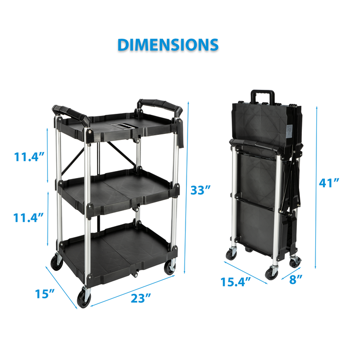 U3-H - No Assembly Folding Service Cart Tool Carts with Wheels,3 Tier Utility Rolling Cart,Collapsible Storage Cart, Holds 220lbs Plastic Push Cart for Home Garage Restaurant Office Kitchen Warehouse