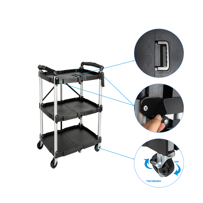 U3 - No Assembly Folding Service Cart Tool Carts with Wheels,3 Tier Utility Rolling Cart,Collapsible Storage Cart, Holds 220lbs Plastic Push Cart for Home Garage Restaurant Office Kitchen Warehouse