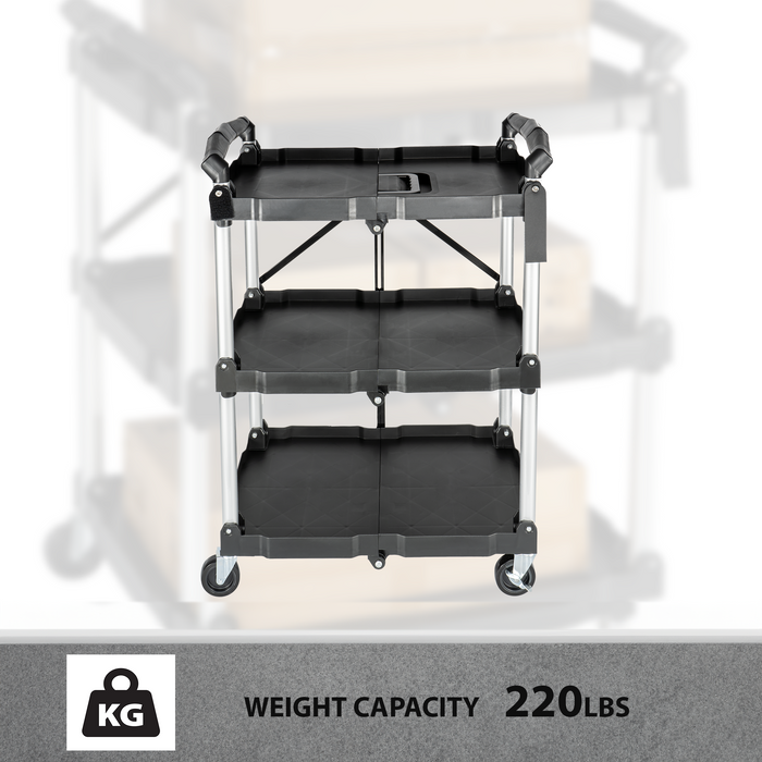 U3 - No Assembly Folding Service Cart Tool Carts with Wheels,3 Tier Utility Rolling Cart,Collapsible Storage Cart, Holds 220lbs Plastic Push Cart for Home Garage Restaurant Office Kitchen Warehouse