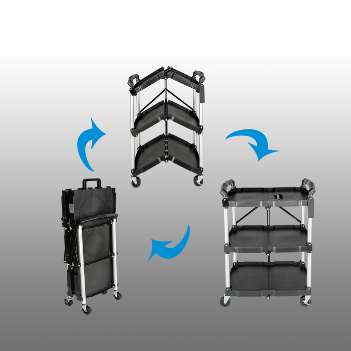 U3-H - No Assembly Folding Service Cart Tool Carts with Wheels,3 Tier Utility Rolling Cart,Collapsible Storage Cart, Holds 220lbs Plastic Push Cart for Home Garage Restaurant Office Kitchen Warehouse