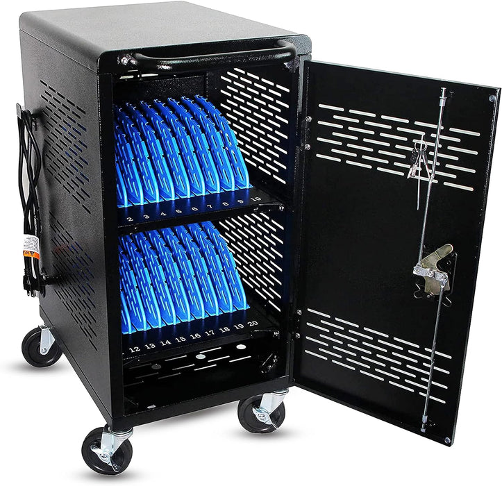 C20C-H - 20 Device Mobile Charging and Storage Cart for iPads, Chromebooks and Laptop Computers, Up to 14-Inch Screen Size, Surge Protection, Front & Back Access Locking Cabinet, Assembly Required