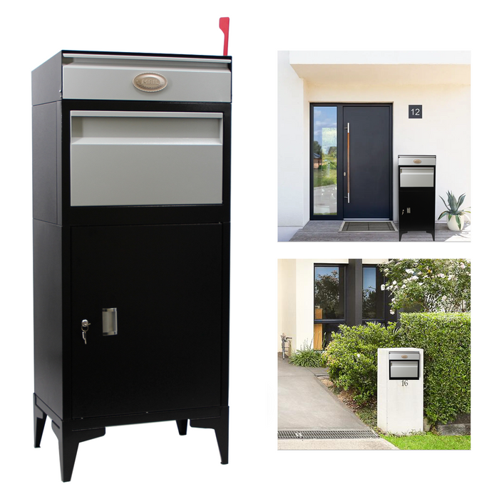 D11B-H - Large Package Delivery Boxes for Outside, Extra Large Mailbox for Parcel, Alloy Steel Post Mailbox, Wall Mounted Lockable Anti-Theft for Porch, Curbside | 14.25" D x 20.5" L x 47.5" H, Black