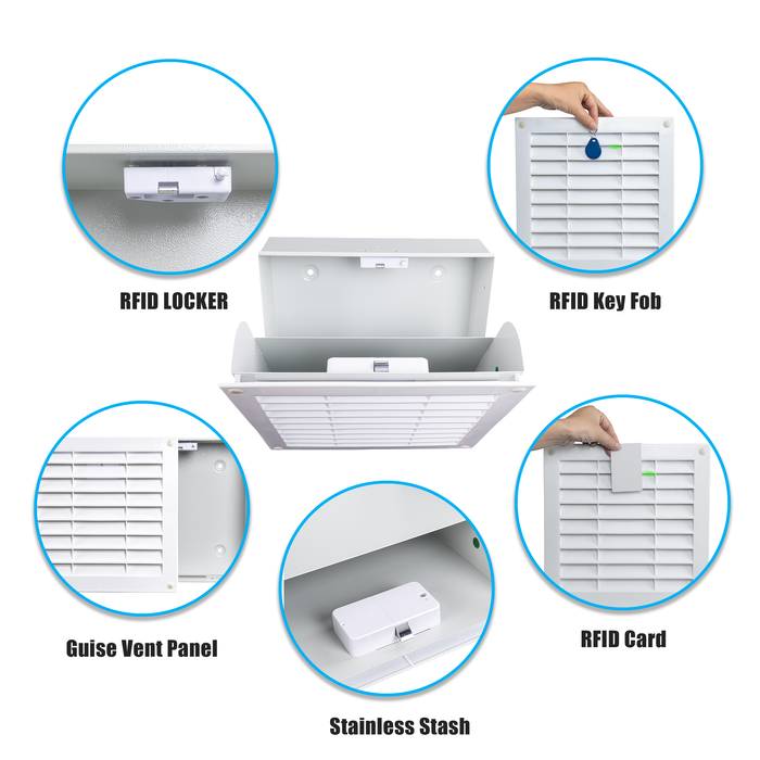 G31-W - White Vent Safe with Hidden RFID Compartment for Adults, Joiners, Nursery Weapon Owners - Can Insert Jewellery and Other Valuables - Unlock Safely with Lock Card and RFID Key Fob