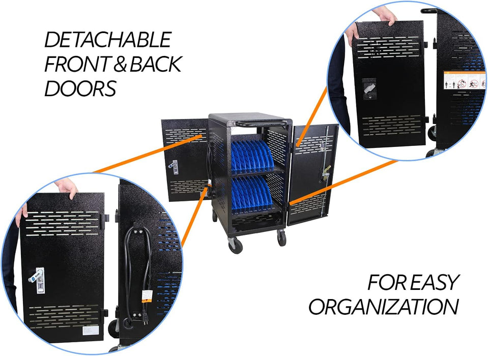 C20C-H - 20 Device Mobile Charging and Storage Cart for iPads, Chromebooks and Laptop Computers, Up to 17-Inch Screen Size, Surge Protection, Front & Back Access Locking Cabinet, Black