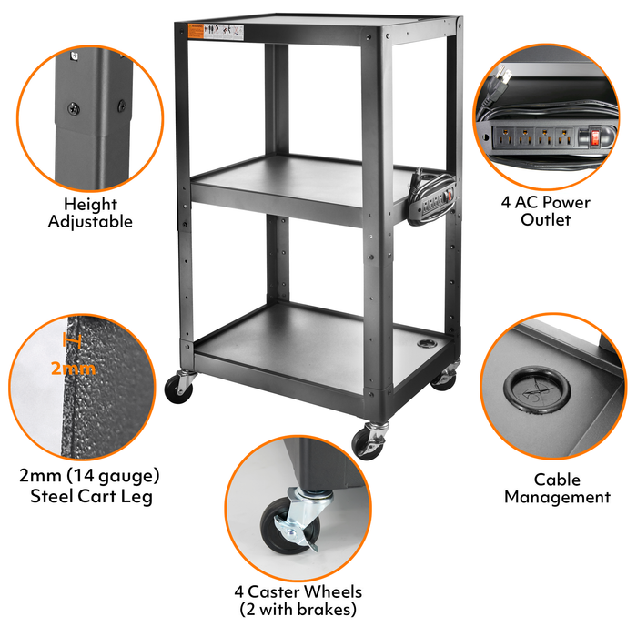 AVJS - Steel Frame 3-Tier AV Cart without Keyboard Tray