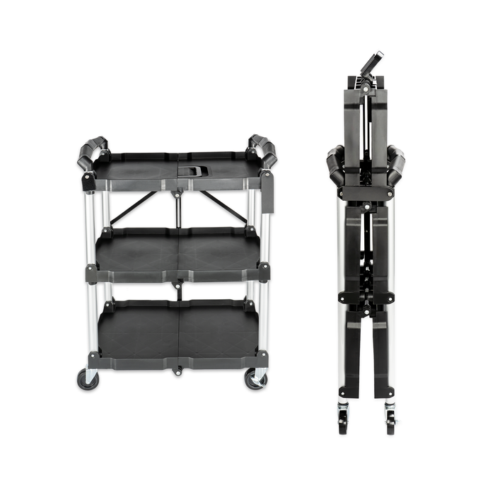 U3-H - No Assembly Folding Service Cart Tool Carts with Wheels,3 Tier Utility Rolling Cart,Collapsible Storage Cart, Holds 220lbs Plastic Push Cart for Home Garage Restaurant Office Kitchen Warehouse