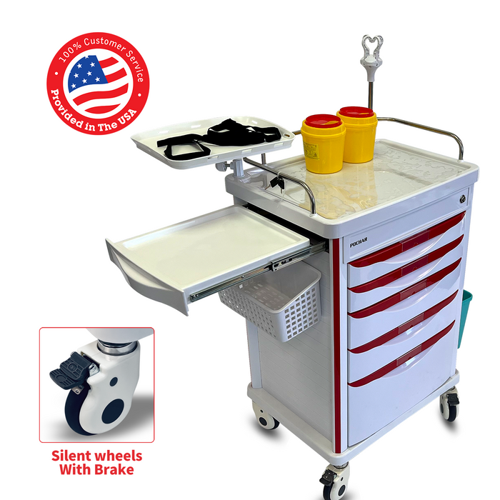 ET-03 - Medical Crash Cart with Emergency Accessory - Cardiac Board, IV Pole, O2 Holder, Power Strip, Trash Bin, Drawers with Dividers - Mobile Emergency Cart for Hospitals and Clinics