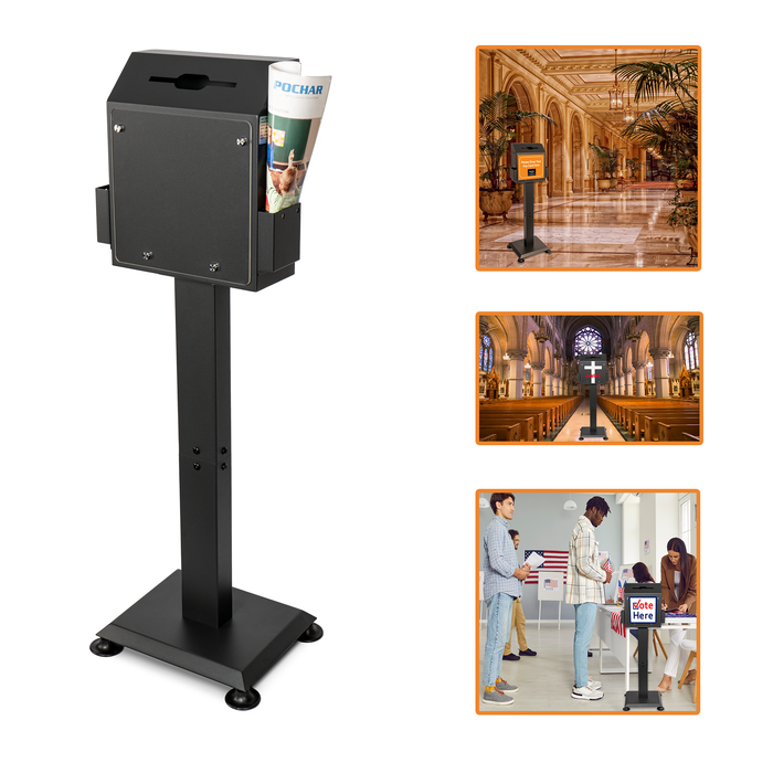Suggestion Box with Stand, Floor Standing Offering Box, Upgraded Heavy Duty Metal Locking Ballot Collection Safe Box for Voting Contest Charity Donation Church Election, Large, Black