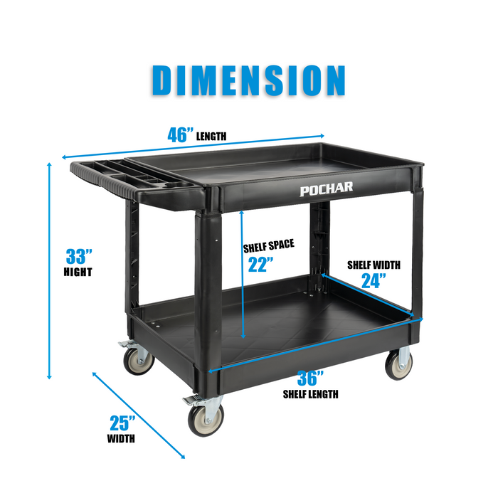 U4 - Utility Service Cart, 2 Shelf 550LBS Heavy Duty Plastic Rolling Utility Cart with 360° Swivel Wheels (2 with Brakes), Large Lipped Shelf, Ergonomic Storage Handle for Warehouse/Garage/Cleaning