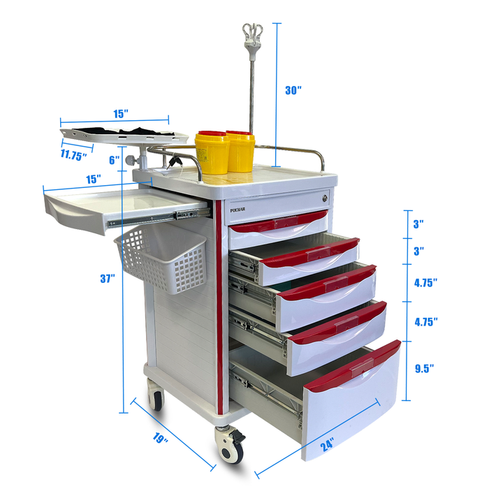 ET-03 - Medical Crash Cart with Emergency Accessory - Cardiac Board, IV Pole, O2 Holder, Power Strip, Trash Bin, Drawers with Dividers - Mobile Emergency Cart for Hospitals and Clinics