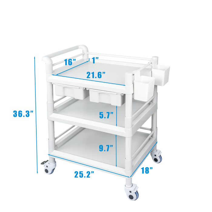 MC-18 - Medical Mobile Trolley Cart 3 Tier 500 Lbs Spacious Beauty Salon Rolling Trolley with Dirt Buckets Drawers 360°Rotate Wheels Heavy Duty Medical Utility Cart for Hospital Dental Clinic