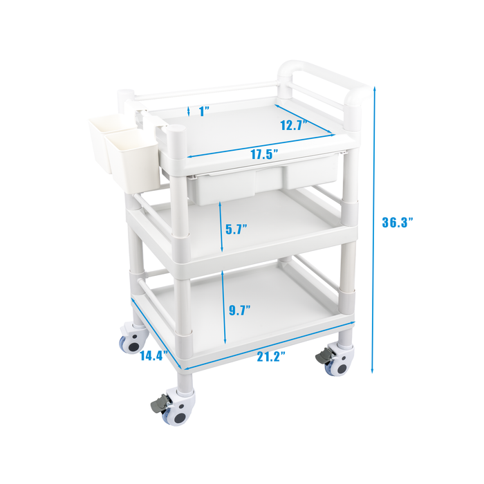 MC-17 - Medical Mobile Trolley Cart 3 Tier 500 Lbs Spacious Beauty Salon Rolling Trolley with Dirt Buckets Drawers 360°Rotate Wheels Heavy Duty Medical Utility Cart for Hospital Dental Clinic