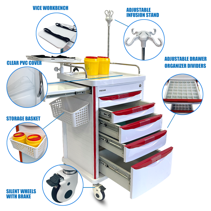 ET-03 - Medical Crash Cart with Emergency Accessory - Cardiac Board, IV Pole, O2 Holder, Power Strip, Trash Bin, Drawers with Dividers - Mobile Emergency Cart for Hospitals and Clinics