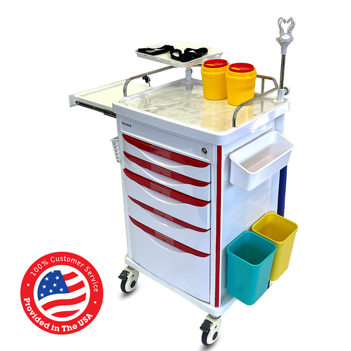 ET-03 - Medical Crash Cart with Emergency Accessory - Cardiac Board, IV Pole, O2 Holder, Power Strip, Trash Bin, Drawers with Dividers - Mobile Emergency Cart for Hospitals and Clinics