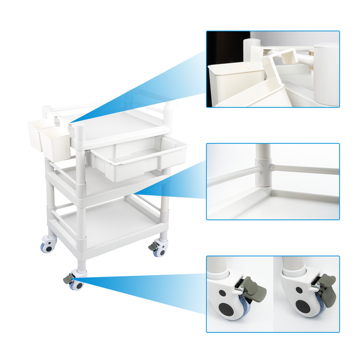 MC-17 - Medical Mobile Trolley Cart 3 Tier 500 Lbs Spacious Beauty Salon Rolling Trolley with Dirt Buckets Drawers 360°Rotate Wheels Heavy Duty Medical Utility Cart for Hospital Dental Clinic