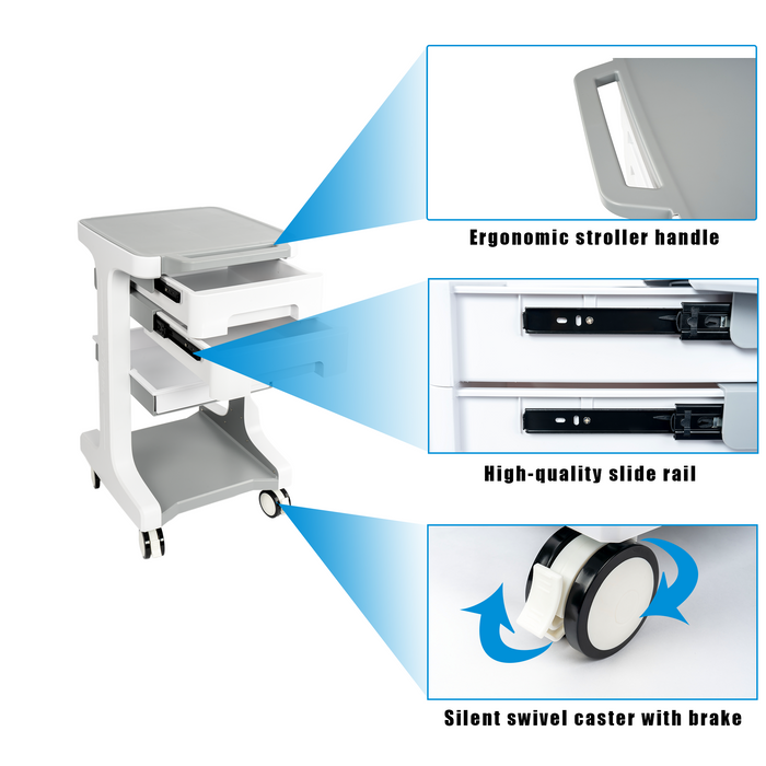 U5 - Professional-Grade 3-Tier 2-Drawer Utility Cart on Wheels - Trolley Cart 3-Tier 2 Drawers & Utility Desk - Mobile Storage Cart, Cavitation Machine, Salon Supplies - Max 50kg/110lb Load