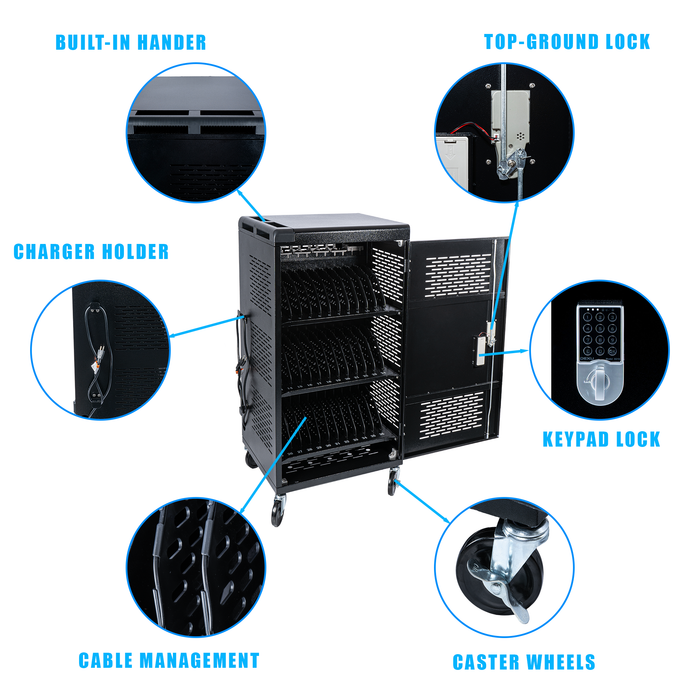 C36C-H - 36 Bay Intelli-Sense Charging Cart for Tablets, Laptop, and Chromebook, Classroom Locking Charging Station with Keypad Lock and Charger Storage for School, Classroom, Library, Office and More(Black)