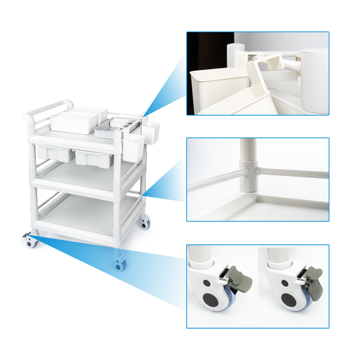 MC-18 - Medical Mobile Trolley Cart 3 Tier 500 Lbs Spacious Beauty Salon Rolling Trolley with Dirt Buckets Drawers 360°Rotate Wheels Heavy Duty Medical Utility Cart for Hospital Dental Clinic