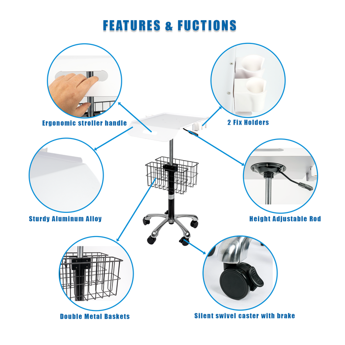 MC-12 - Medical Cart Mobile Trolley Cart with Wheels 27.5"-37" Height Adjustable Stainless Steel Dental Cart Rolling Desktop Lab Cart with 16"× 16.5" Large Tabletop