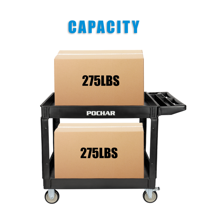 U4 - Utility Service Cart, 2 Shelf 550LBS Heavy Duty Plastic Rolling Utility Cart with 360° Swivel Wheels (2 with Brakes), Large Lipped Shelf, Ergonomic Storage Handle for Warehouse/Garage/Cleaning