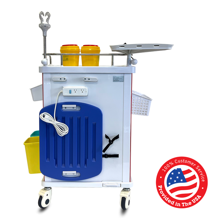 ET-03 - Medical Crash Cart with Emergency Accessory - Cardiac Board, IV Pole, O2 Holder, Power Strip, Trash Bin, Drawers with Dividers - Mobile Emergency Cart for Hospitals and Clinics