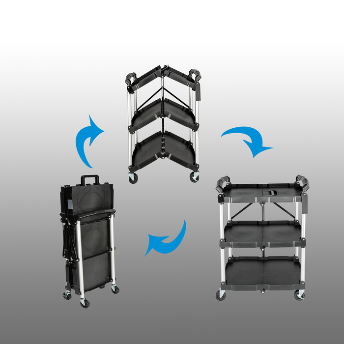 U3 - No Assembly Folding Service Cart Tool Carts with Wheels,3 Tier Utility Rolling Cart,Collapsible Storage Cart, Holds 220lbs Plastic Push Cart for Home Garage Restaurant Office Kitchen Warehouse