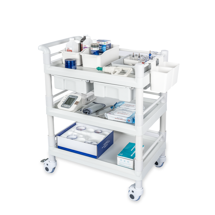 MC-18 - Medical Mobile Trolley Cart 3 Tier 500 Lbs Spacious Beauty Salon Rolling Trolley with Dirt Buckets Drawers 360°Rotate Wheels Heavy Duty Medical Utility Cart for Hospital Dental Clinic