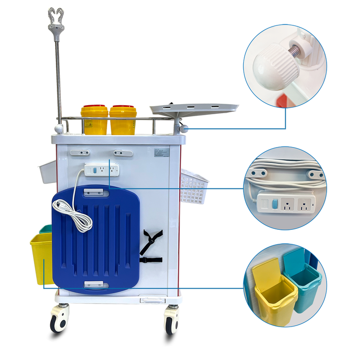 ET-03 - Medical Crash Cart with Emergency Accessory - Cardiac Board, IV Pole, O2 Holder, Power Strip, Trash Bin, Drawers with Dividers - Mobile Emergency Cart for Hospitals and Clinics