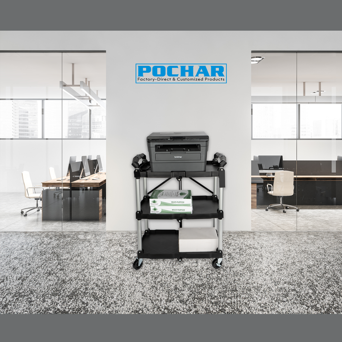 U3 - No Assembly Folding Service Cart Tool Carts with Wheels,3 Tier Utility Rolling Cart,Collapsible Storage Cart, Holds 220lbs Plastic Push Cart for Home Garage Restaurant Office Kitchen Warehouse