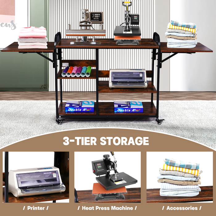 T15 - Large 3 Tier DIY Heat Transfer Press Machine Stands Heavy Duty Workbench with Folding Working Table for Sublimation Transfer Machine Metal Shelf Storage Organization