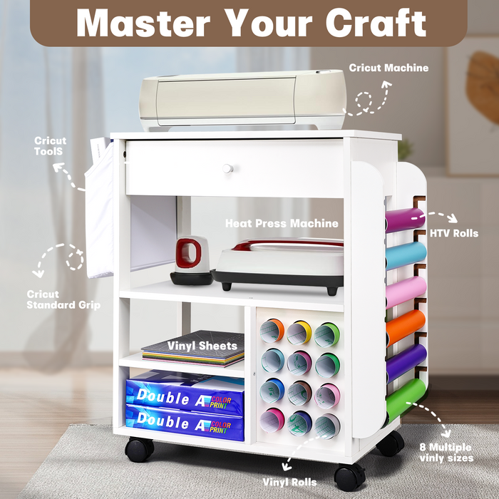 AV-K - Rolling Craft Organization and Storage Cart Compatible with Cricut, Craft Rolling Storage Organizer with 18 Vinyl Roll Holder, Crafting Cabinet Workstation