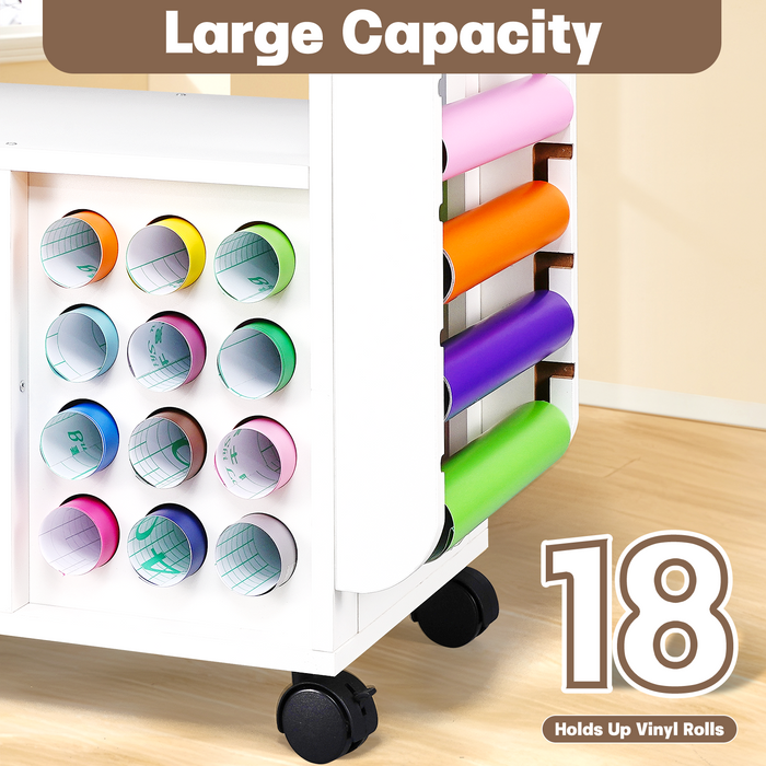 AV-K - Rolling Craft Organization and Storage Cart Compatible with Cricut, Craft Rolling Storage Organizer with 18 Vinyl Roll Holder, Crafting Cabinet Workstation