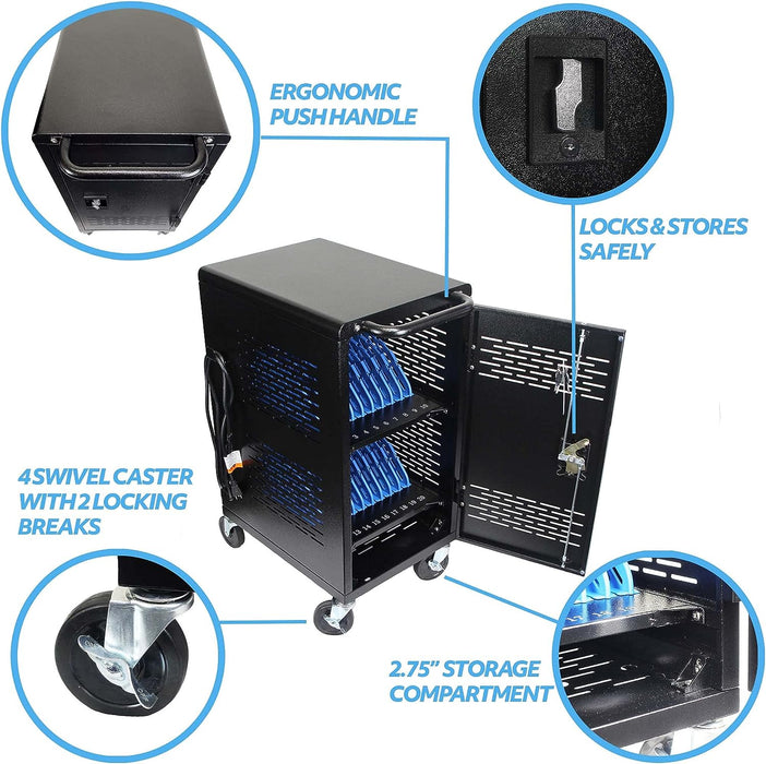 C20C-H - 20 Device Mobile Charging and Storage Cart for iPads, Chromebooks and Laptop Computers, Up to 14-Inch Screen Size, Surge Protection, Front & Back Access Locking Cabinet, Assembly Required