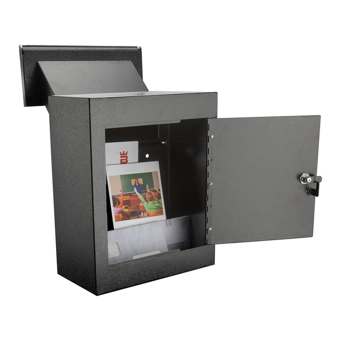 D9N-H - Through-The-Wall Drop Box with Rainproof Cover | Heavy Duty Through Wall Mailbox with 10-Inch Adjustable Chute | Rainproof Locking Drop Safe for Mail, Rent, Checks, Cash, and Keys