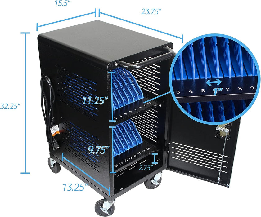 C20C-H - 20 Device Mobile Charging and Storage Cart for iPads, Chromebooks and Laptop Computers, Up to 14-Inch Screen Size, Surge Protection, Front & Back Access Locking Cabinet, Assembly Required