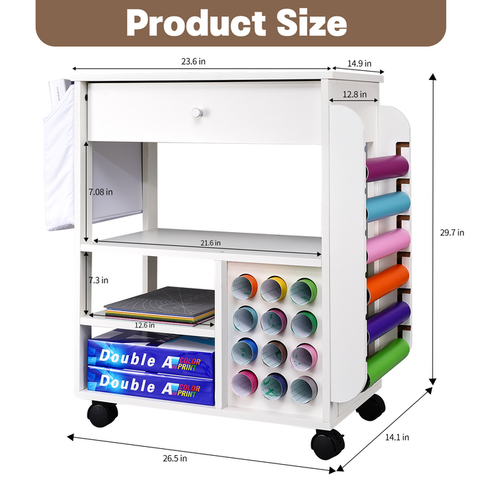 AV-K - Rolling Craft Organization and Storage Cart Compatible with Cricut, Craft Rolling Storage Organizer with 18 Vinyl Roll Holder, Crafting Cabinet Workstation
