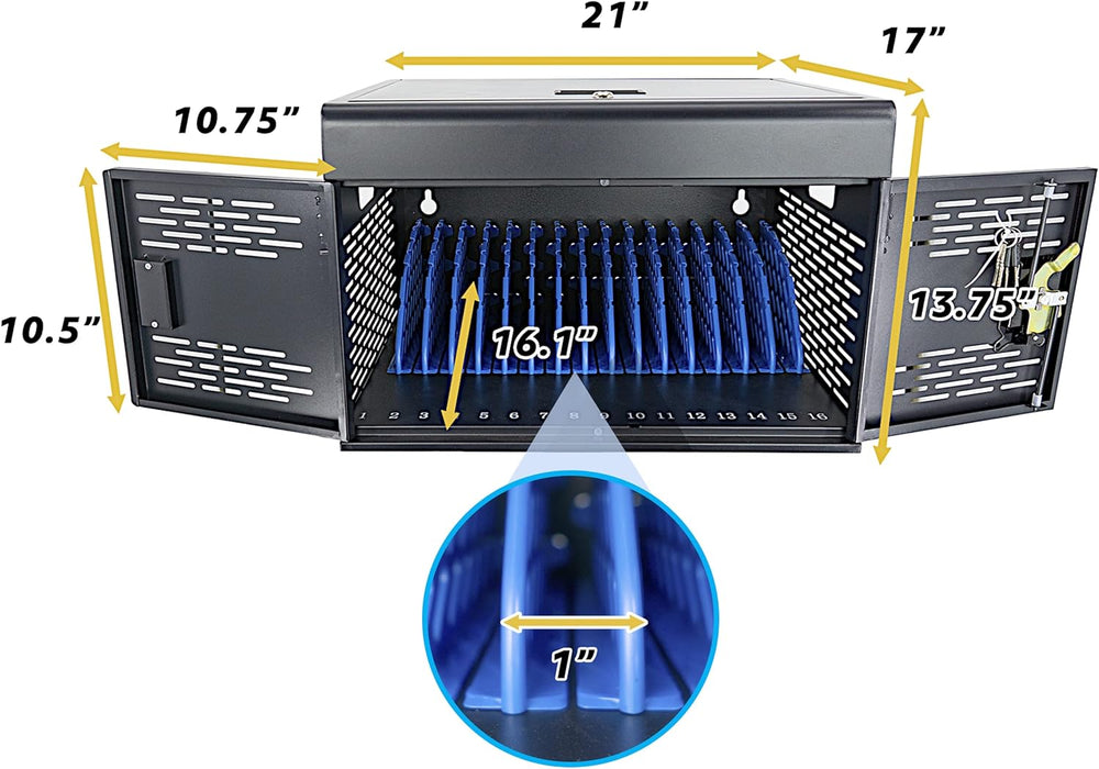 Y816ASC-H 16-Unit Charging Cabinet for Laptops & Tablets - Locking Laptop Storage Box with Cable Management, Charger Storage, and Ground Protection - Great for Classroom, Library, and Office