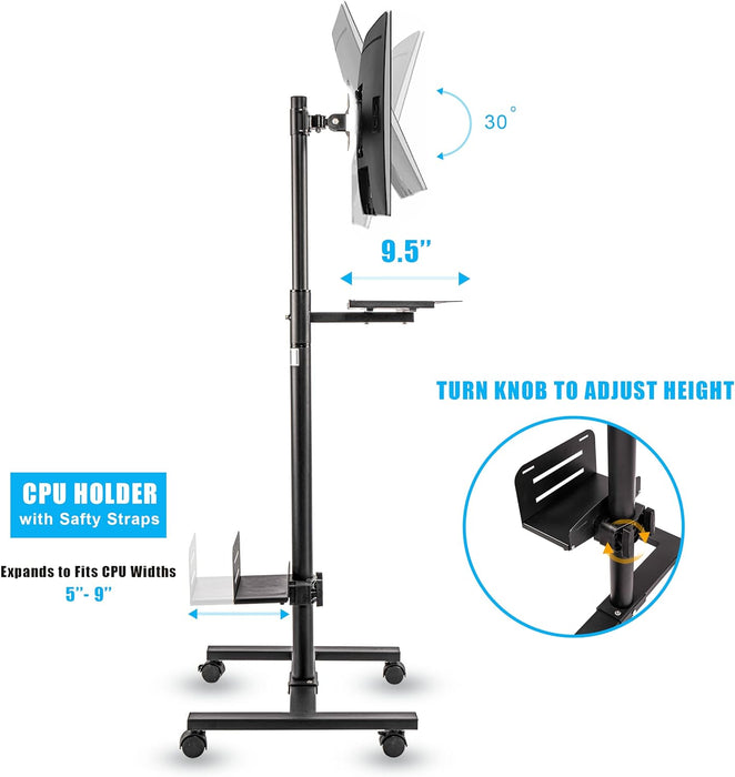 H8-H Adjustable Mobile PC Workstation with Single Monitor Mount | Mobile Standing Computer Workstation with Adjustable Keyboard Tray and CPU Holder | Rolling Desk Fits 13 to 32 Inch Monitors