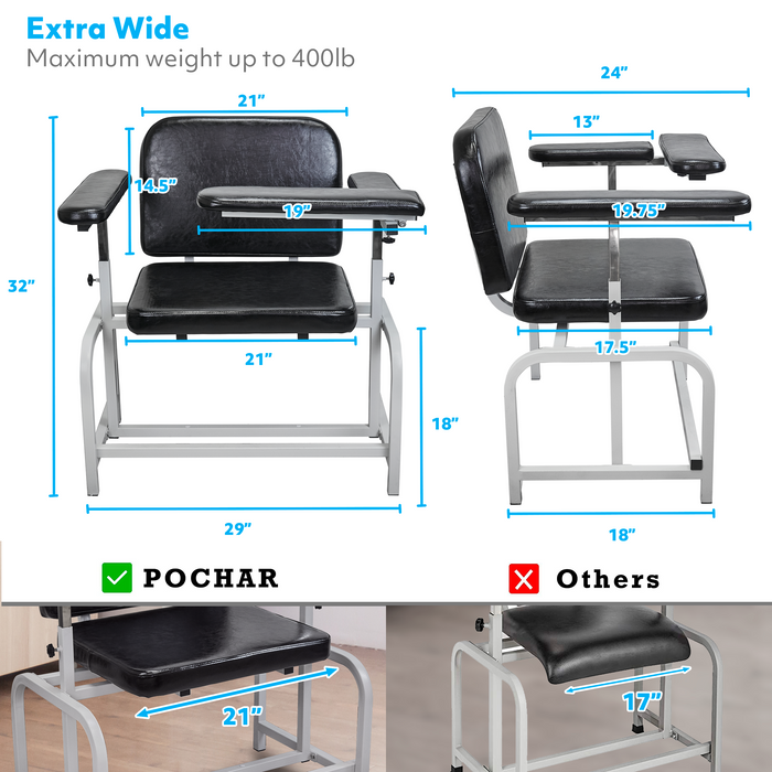T10-H - Extra Large Padded Phlebotomy Chair with Adjustable Armrest and Steel Frame - Extra Large PU Leather Blood Drawing Chair for Hospital, Lab, and Medical Facilities
