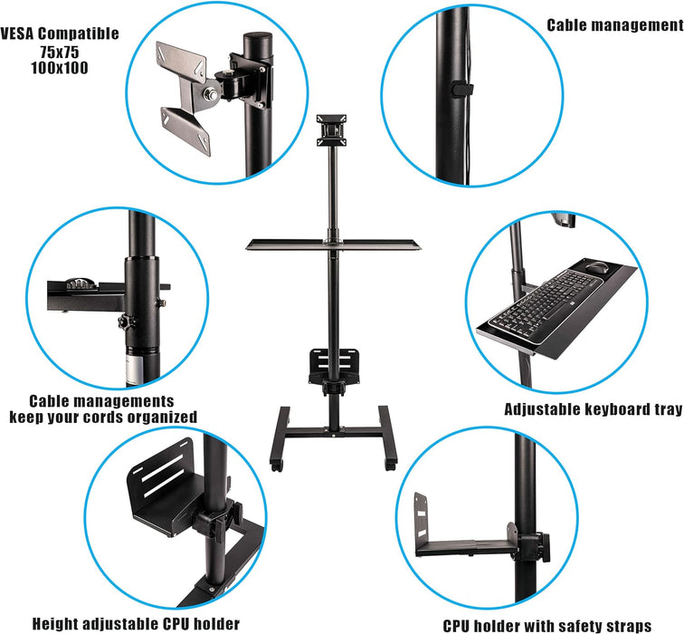 H8-H Adjustable Mobile PC Workstation with Single Monitor Mount | Mobile Standing Computer Workstation with Adjustable Keyboard Tray and CPU Holder | Rolling Desk Fits 13 to 32 Inch Monitors