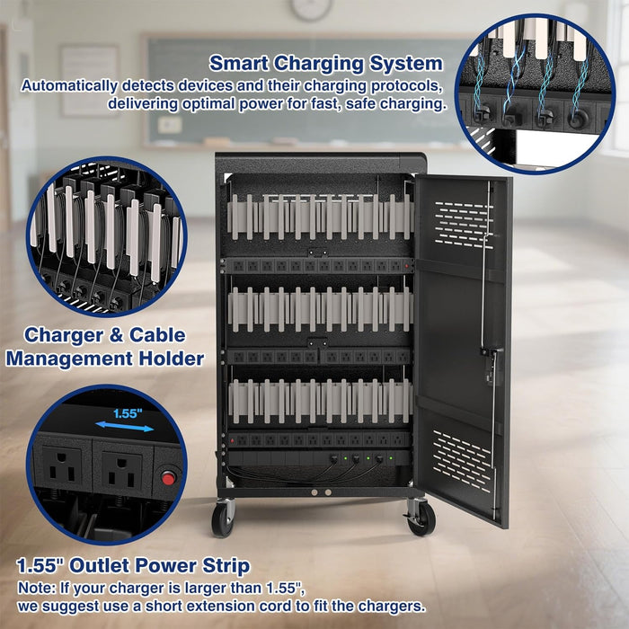 C36C-H - 36 Bay Intelli-Sense Charging Cart for Tablets, Laptop, and Chromebook, Classroom Locking Charging Station with Keypad Lock and Charger Storage for School, Classroom, Library, Office and More(Black)