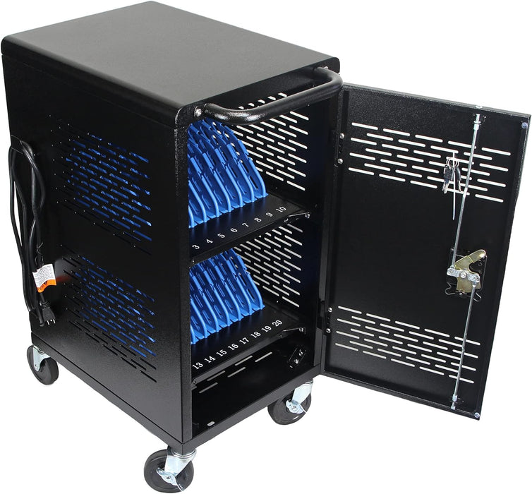 C20C-H - 20 Device Mobile Charging and Storage Cart for iPads, Chromebooks and Laptop Computers, Up to 14-Inch Screen Size, Surge Protection, Front & Back Access Locking Cabinet, Assembly Required