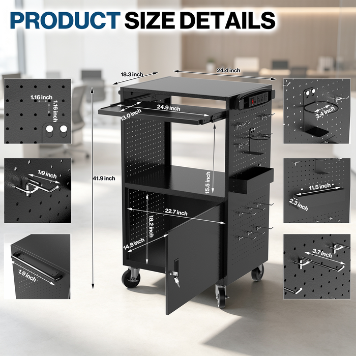 P-AVNTK-H0 - Mobile Steel AV Cart with Power Strip, Side Pegboard