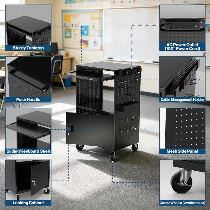 P-AVNTK-H0 - Mobile Steel AV Cart with Power Strip, Side Pegboard