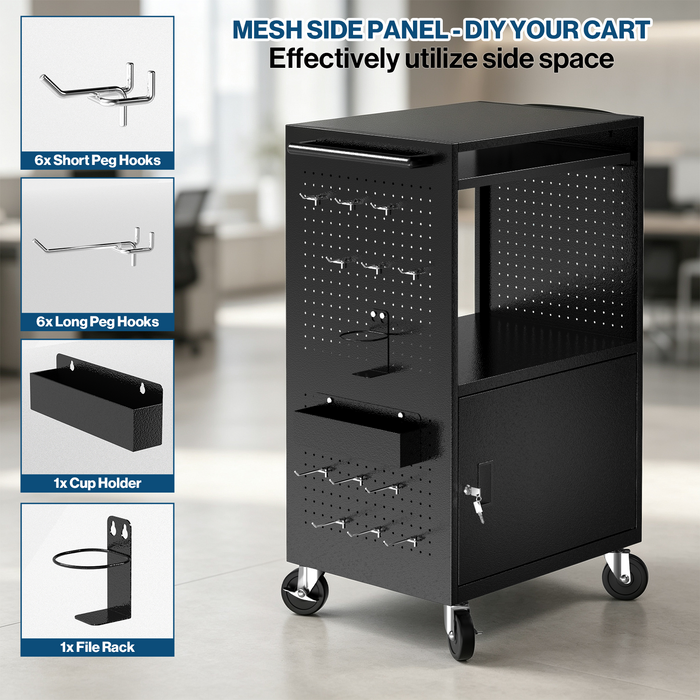 P-AVNTK-H0 - Mobile Steel AV Cart with Power Strip, Side Pegboard