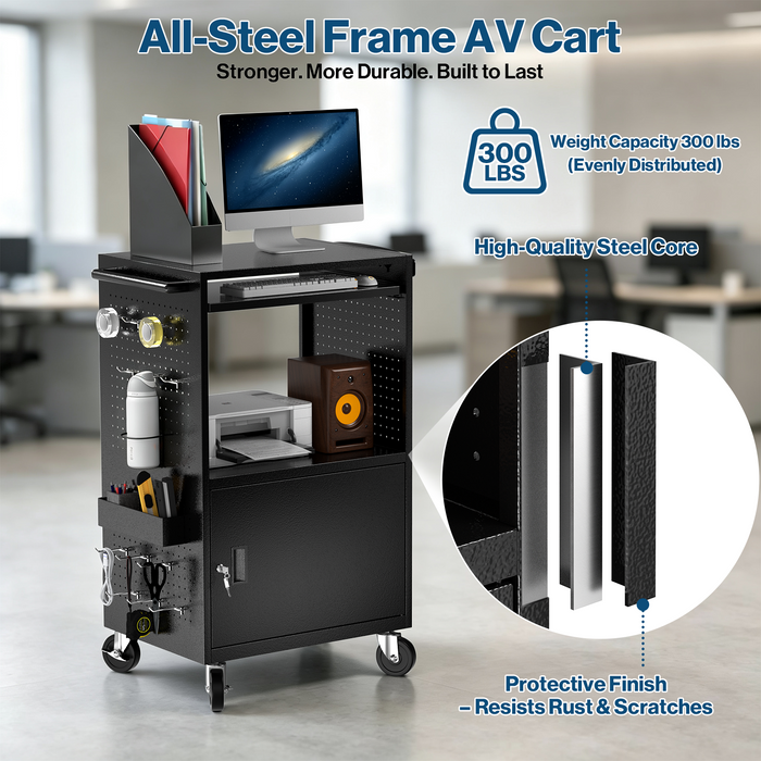 P-AVNTK-H0 - Mobile Steel AV Cart with Power Strip, Side Pegboard