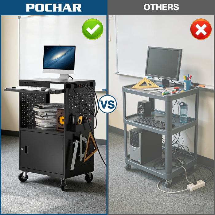 P-AVNTK-H0 - Mobile Steel AV Cart with Power Strip, Side Pegboard